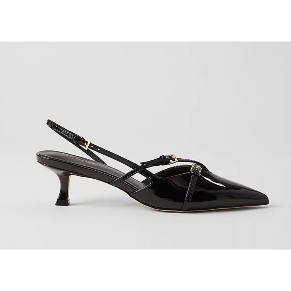 NWOB Ann Taylor Strappy Pointy Toe Patent Pump Black 6M Gold Buckles - Picture 1 of 6